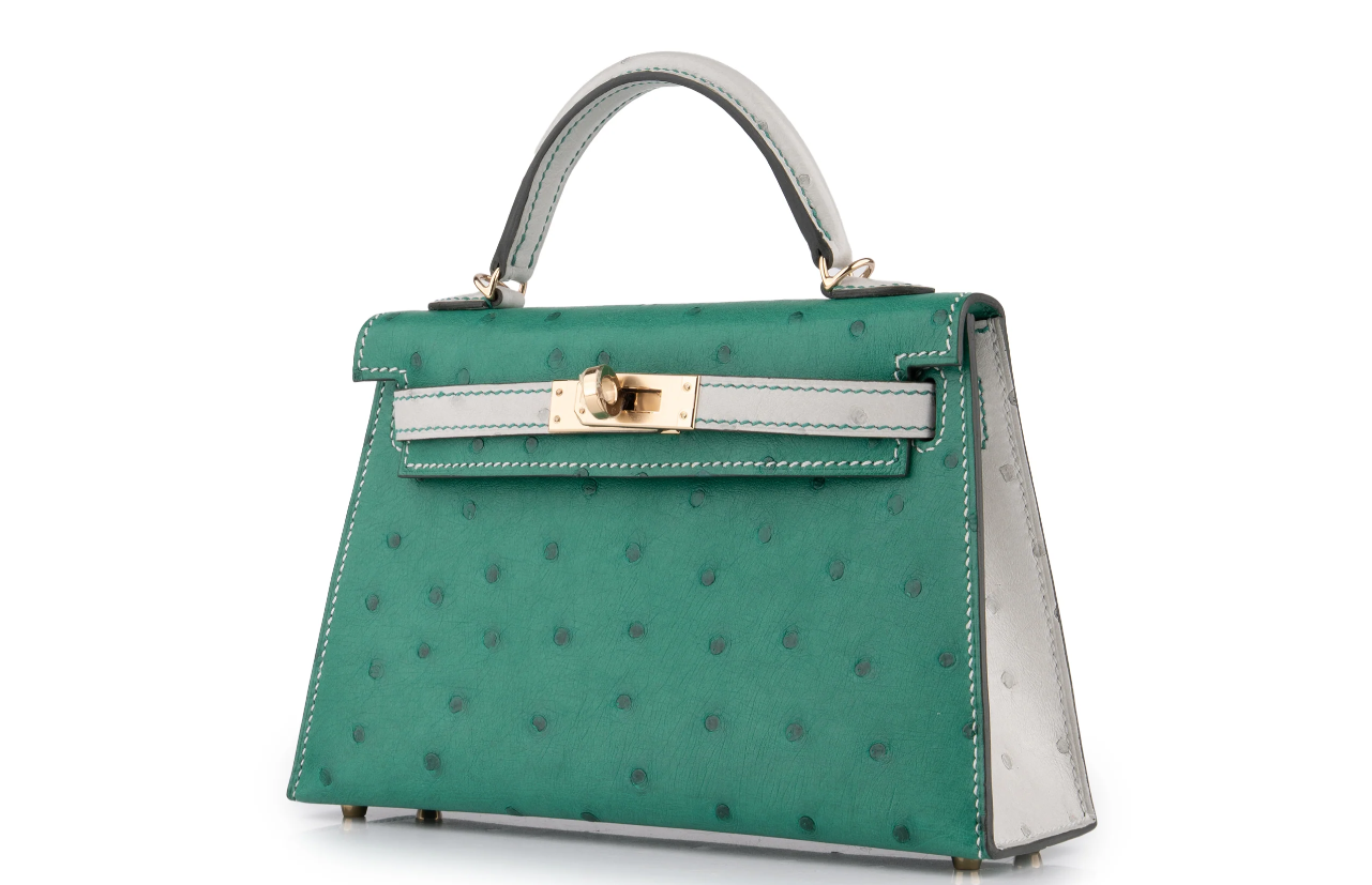 Hermès Mini Kelly Ostrich Vert Vertigo / Gris Perle GHW